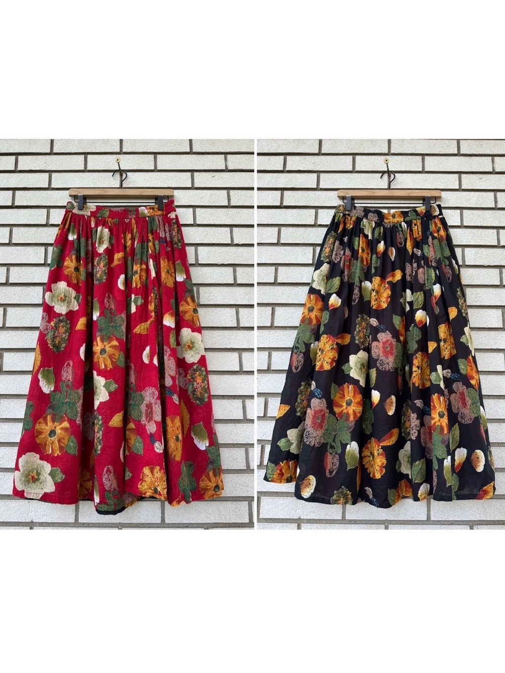 Reversible Floral Cotton Gauze Feel Midi Skirt Black Red Elastic Waist Boho M